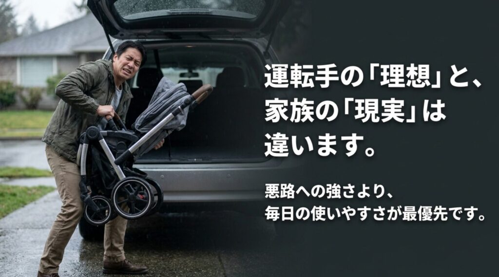 雨の日にベビーカーを荷室へ積み込む男性の写真。運転手の理想と家族の日常の使いやすさの違いを示している。