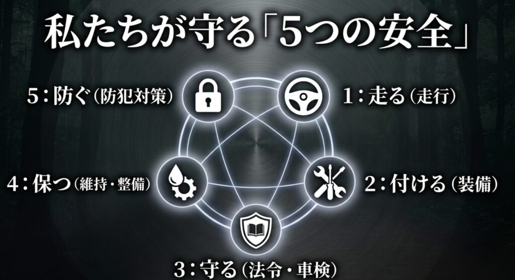走行、装備、法令、維持整備、防犯という5つの安全観点を図解したスライド