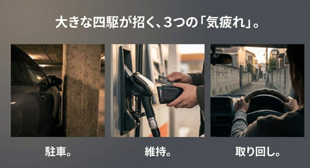 大きな4WDで起こりやすい駐車、維持、取り回しの気疲れを3つの写真で示したスライド。