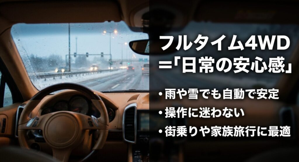 雨や雪でも自動で安定し、操作に迷わず街乗りや家族旅行に向くフルタイム4WDの特徴を示したスライド