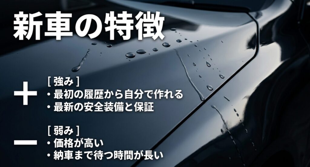 新車4WDは履歴を自分で作れる安心感や最新装備が強みで、価格の高さや納期が弱みであることをまとめたスライド