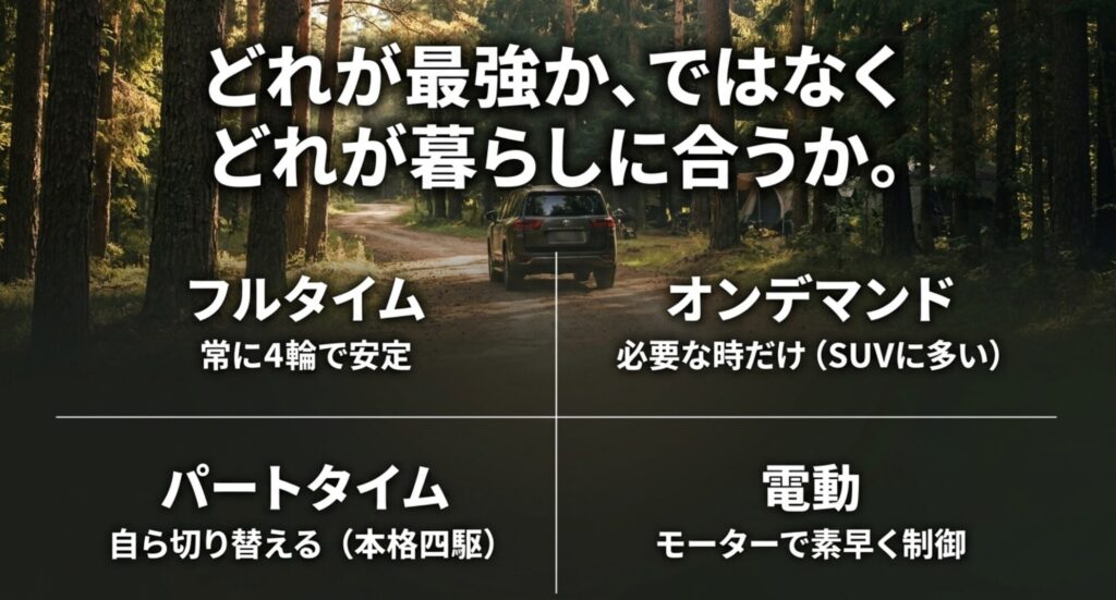 フルタイム、オンデマンド、パートタイム、電動4WDの特徴を、暮らしに合うかという視点で整理したスライド
