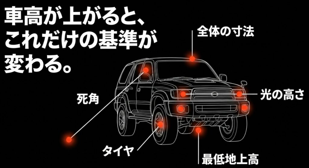 4WDの図解に、全体寸法、光の高さ、最低地上高、タイヤ、死角などの確認項目を示したスライド。