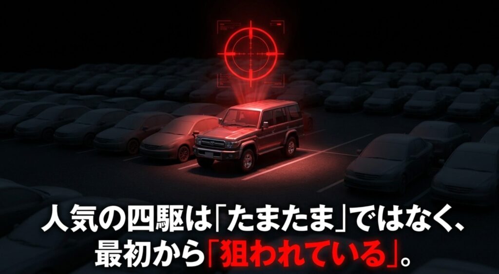 駐車場の中で人気4WDが標的として狙われている様子を示す盗難リスク解説スライド