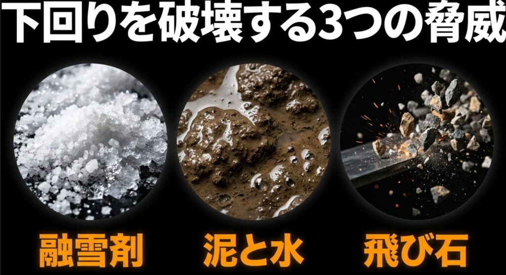 融雪剤、泥と水、飛び石の3要素を並べ、4WDの下回りを傷める主な原因を示す画像