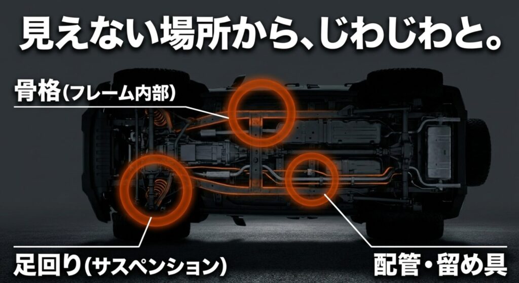4WDの下回り図で、フレーム内部、サスペンション、配管や留め具の腐食リスク箇所を示した図