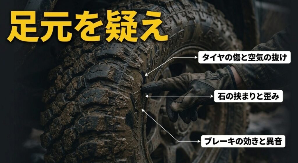 泥の付いたタイヤを確認し、タイヤの傷、空気の抜け、石の挟まり、ブレーキ異音を確認するスライド