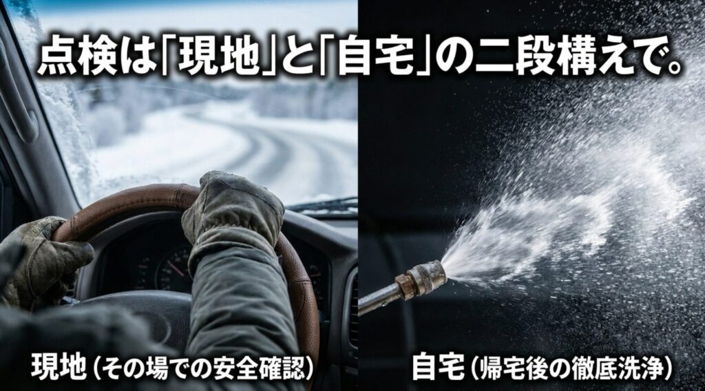 雪道を走る車内確認と高圧洗浄を並べ、現地での安全確認と自宅での徹底洗浄を示すスライド