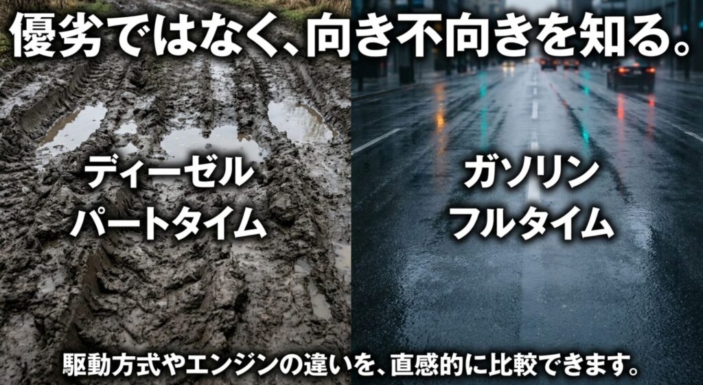 泥道と雨の街路を左右に分け、ディーゼルやガソリン、パートタイムやフルタイムの違いを比較するスライド