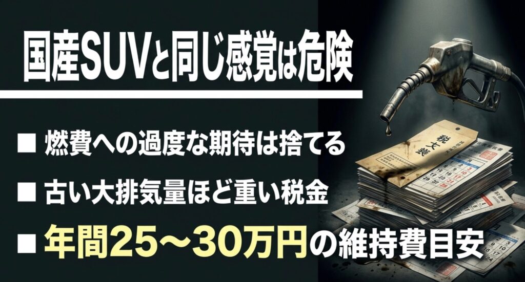 ジープチェロキーは国産SUVと同じ感覚で選ぶと燃費や税金、年間維持費で負担が大きくなることを示すスライド