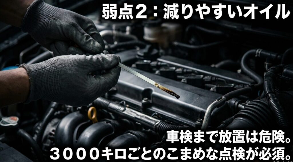 ジープコンパスのエンジンオイルが減りやすく定期点検が必要なことを示すスライド