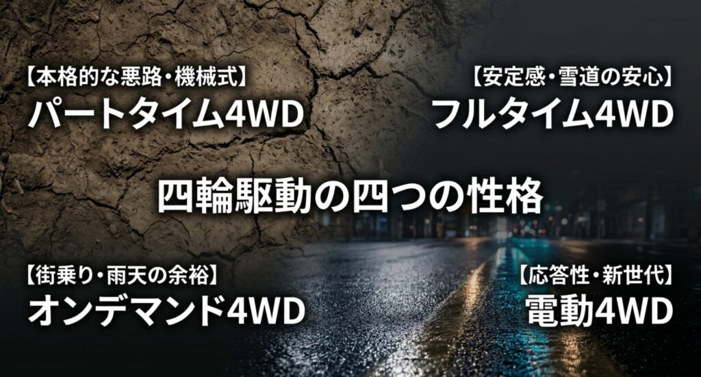 パートタイム4WD、フルタイム4WD、オンデマンド4WD、電動4WDの特徴を用途別に整理したスライド