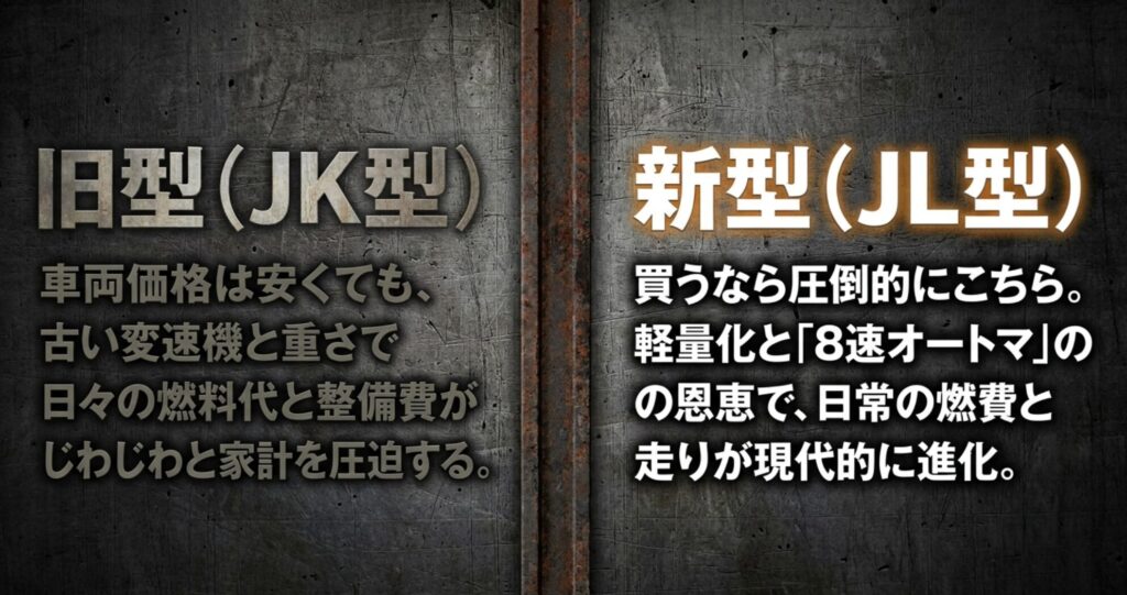 Jeepラングラー旧型JK型と新型JL型の燃費や維持費の違いを比較したスライド