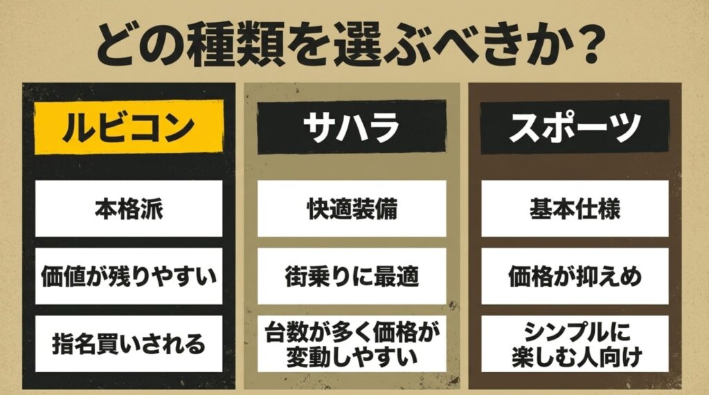 ラングラーのルビコン、サハラ、スポーツそれぞれの特徴とリセール傾向を比較したスライド