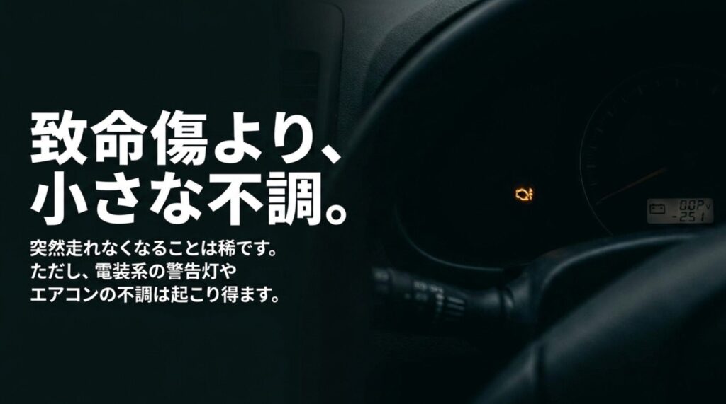 ジープは致命的な故障より電装系警告灯やエアコン不調など小さな不具合に注意が必要と示すスライド