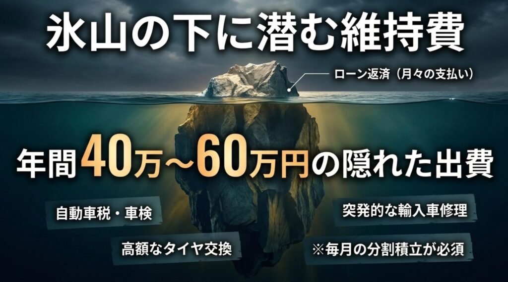 ジープラングラーの維持費を氷山に例え年間40万から60万円の隠れた出費を示すスライド