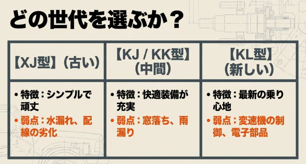 XJ型、KJ・KK型、KL型の特徴と弱点を比較し、ジープチェロキーの世代別選び方を示す画像