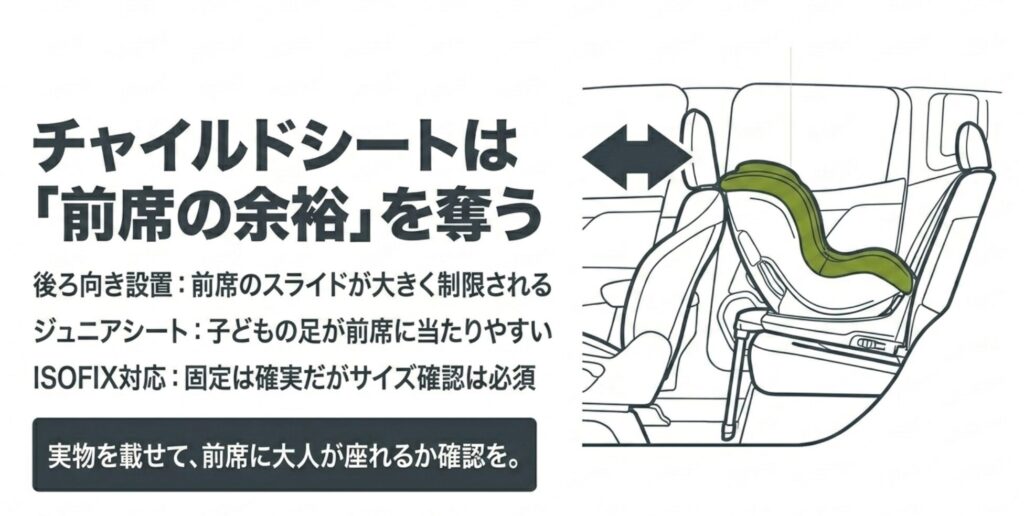 ジープレネゲード後部座席にチャイルドシートを設置した際の前席スペースへの影響を示した図