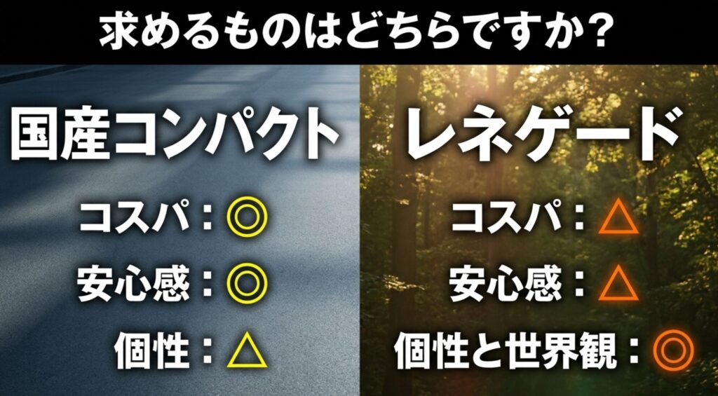 国産コンパクトSUVとジープレネゲードを、コスパ、安心感、個性の違いで比較した画像