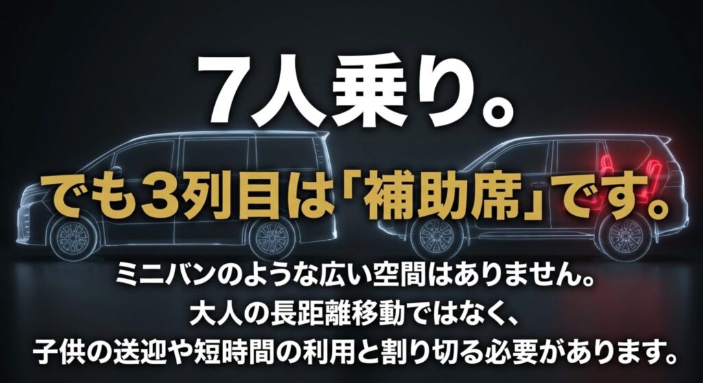ジープコマンダーは7人乗りだが3列目は大人の長距離移動より子どもの送迎や短時間利用向きであることを示すスライド