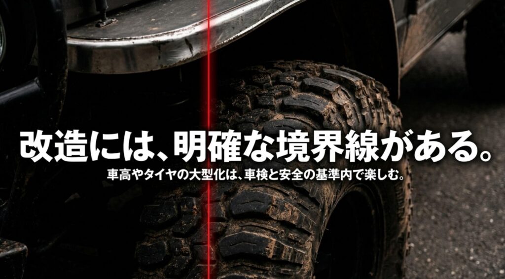 大型タイヤとフェンダー付近を示し、リフトアップやタイヤ変更には車検と安全上の境界線があることを伝えるスライド。