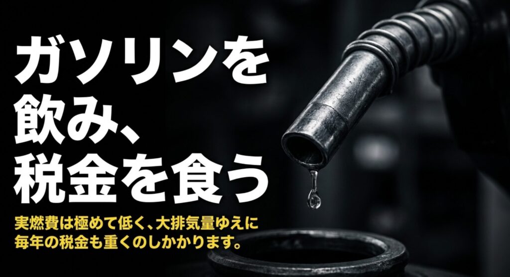 ガソリンノズルを背景に、ラングラーは燃費と税金の負担が重いことを示すスライド