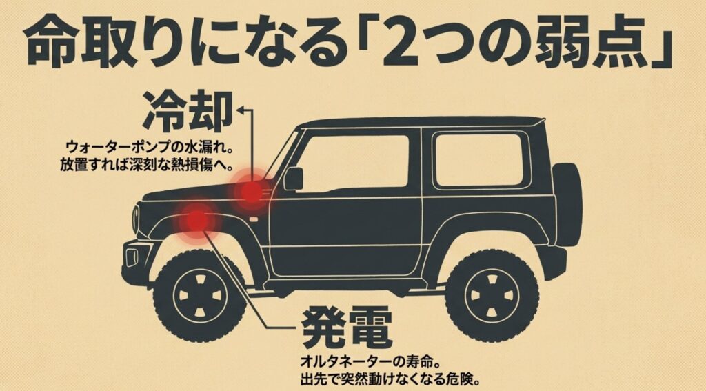 ウォーターポンプの水漏れとオルタネーター寿命がFJクルーザーの重要な弱点であることを示すスライド