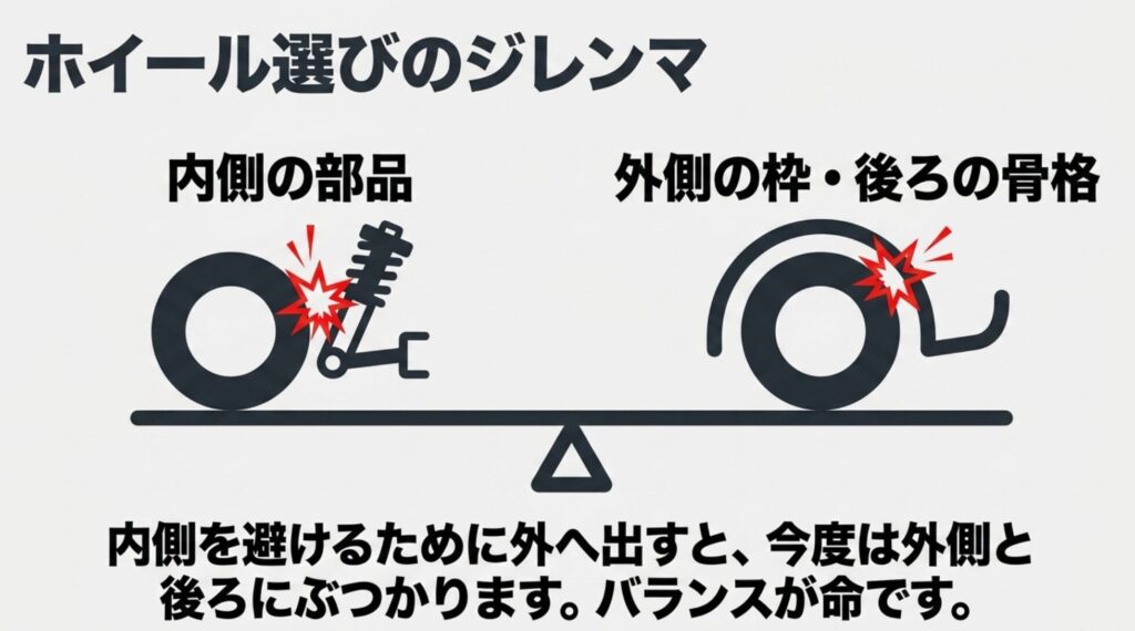 FJクルーザーで内側干渉を避けるために外へ出すと外側や後方干渉が起きやすいことを示す図