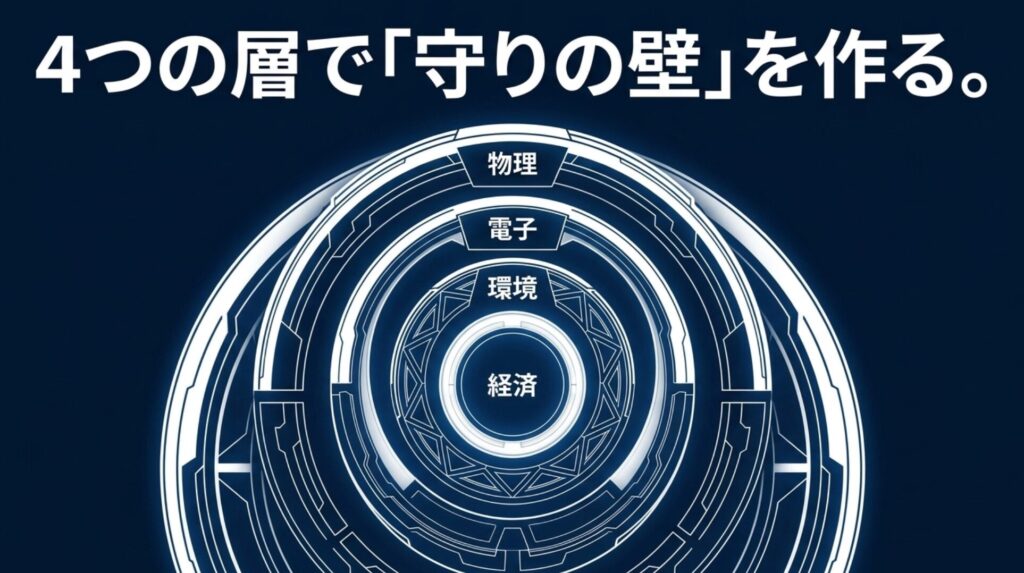 物理対策、電子対策、環境対策、経済対策の4つの層で4WDを守る考え方を図解したスライド