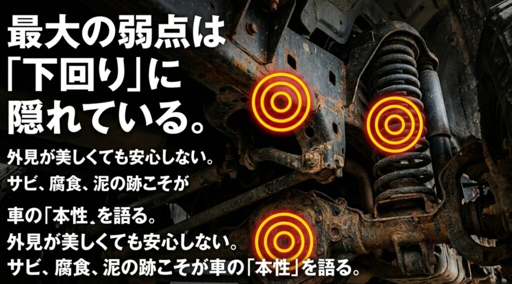 下回りのサビ、腐食、泥の跡が中古4WDの本質を語ることを示す下回りチェックのスライド