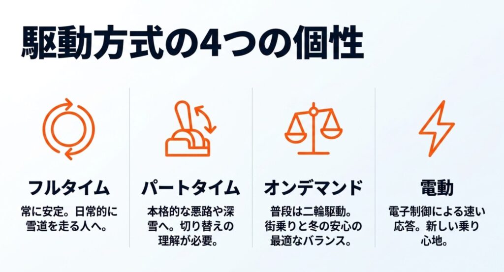 フルタイム、パートタイム、オンデマンド、電動4WDそれぞれの特徴を比較したスライド