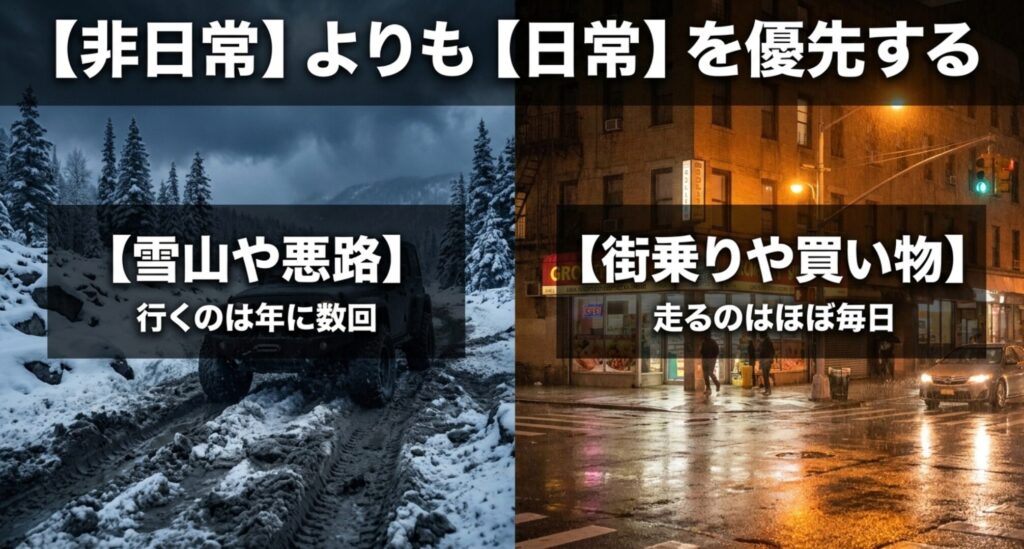 雪山や悪路よりも、街乗りや買い物など日常利用を優先して4WDを選ぶ考え方を示す比較画像