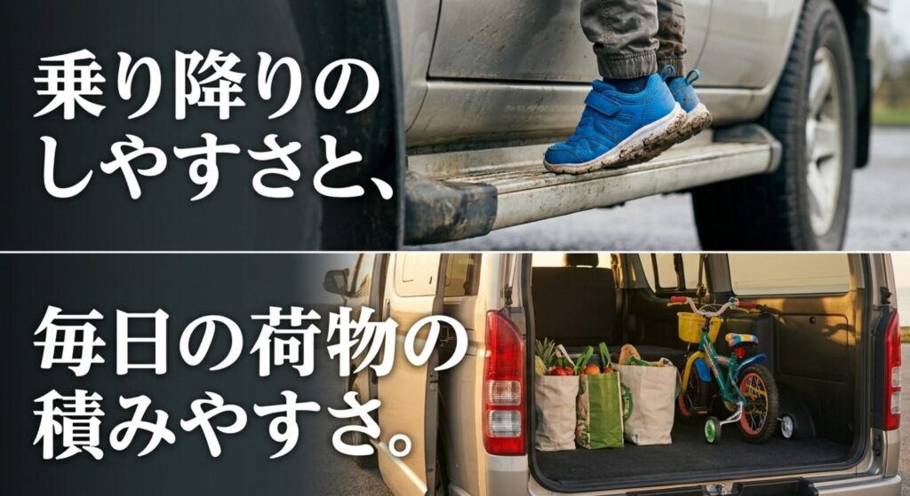 子どもの乗り降りと荷室に積まれた買い物袋や自転車を示す画像。家族向け4WDでは乗降性と荷室の使いやすさが重要であることを表している。