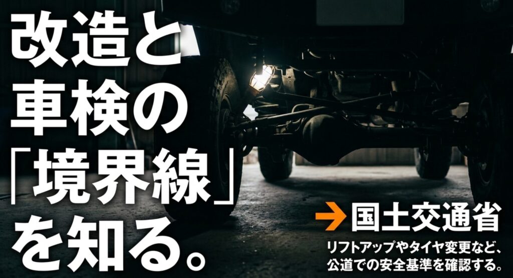 車両下回りの画像を背景に、リフトアップやタイヤ変更など公道利用に関わる改造は国土交通省情報で確認する必要性を示したスライド。