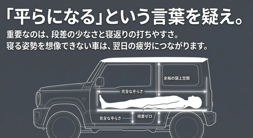 車内で人が横になる図を使い、段差の少なさ、寝返りのしやすさ、頭上空間の重要性を示したスライド