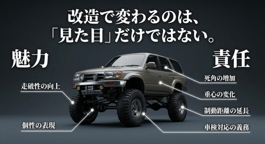 リフトアップされた4WD車両を例に、カスタムが見た目だけでなく死角、重心、制動距離、車検対応にも影響することを示したスライド