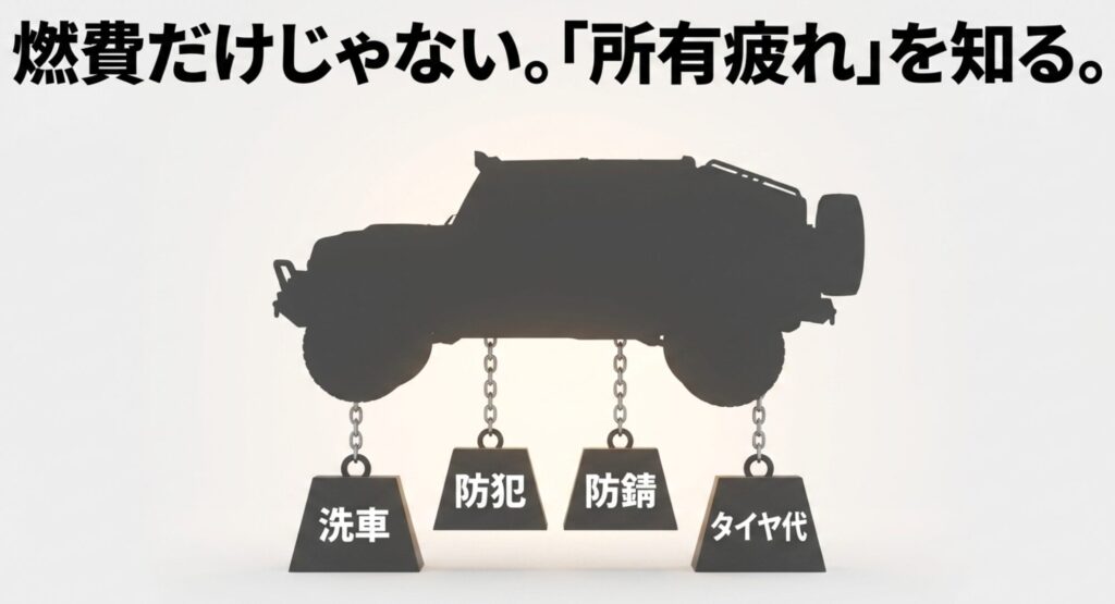 四駆のシルエットに洗車、防犯、防錆、タイヤ代の重りがぶら下がり、燃費以外の所有疲れを示すスライド。