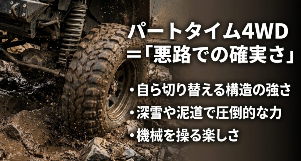 パートタイム4WDの切り替え構造、深雪や泥道での力強さ、機械を操る楽しさを示したスライド