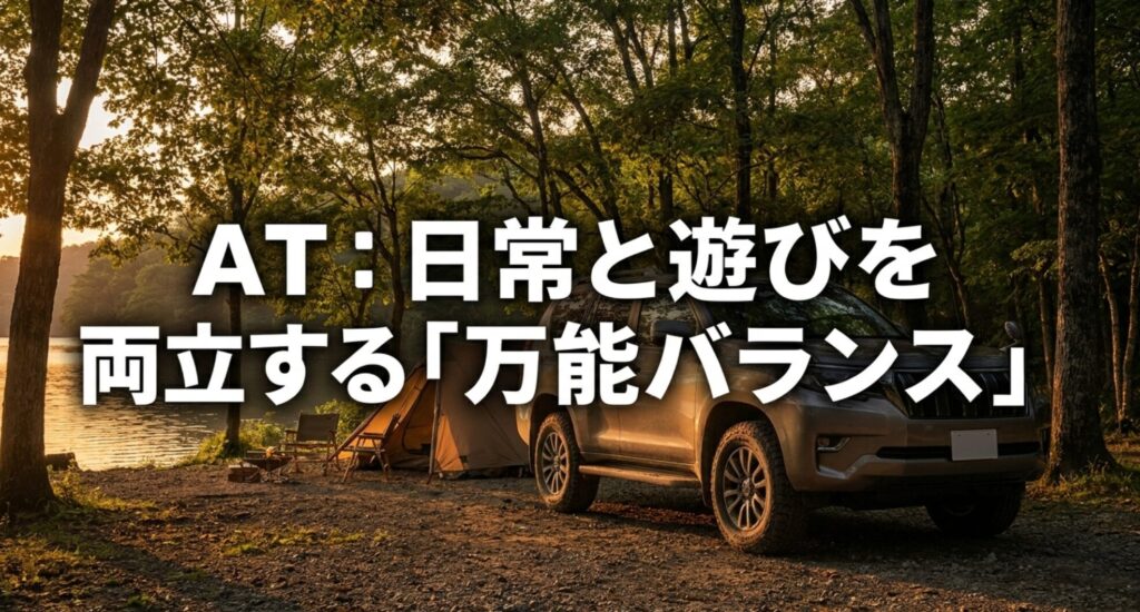 キャンプ場のSUVとともに、ATタイヤが街乗りとアウトドアを両立しやすいことを示す画像