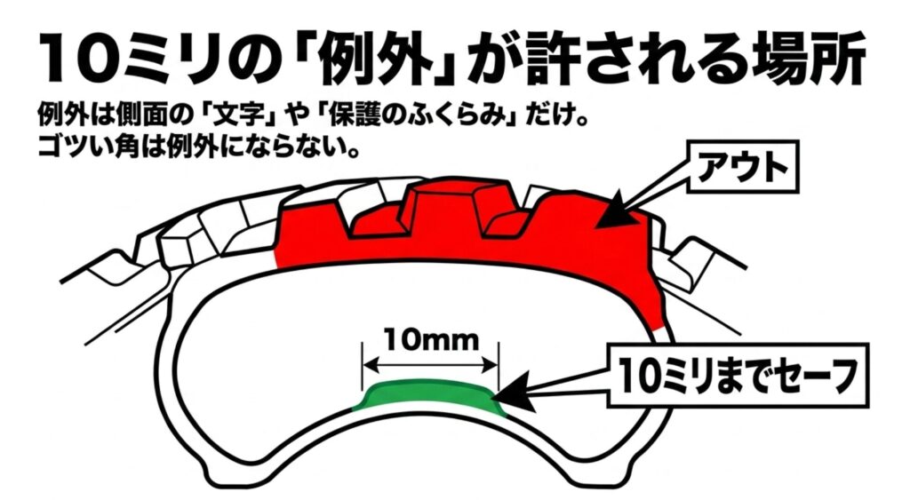 タイヤ断面でサイドウォールの文字や保護のふくらみは10mm未満なら例外となり、ゴツい角は対象外と示す図
