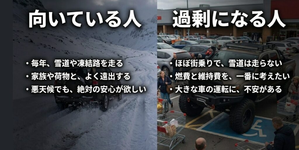 雪道や凍結路を走る人、家族や荷物と遠出する人に向く一方、街乗り中心では過剰になりやすいことを示す比較スライド