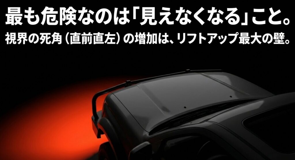 車両前方の赤い死角イメージとともに、リフトアップで直前直左の視界が悪化する危険を示すスライド。