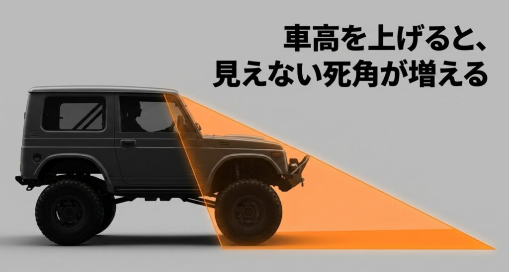 リフトアップした4WD車の前方に広がる見えない死角を示し、車高変更による視界悪化に注意を促すスライド