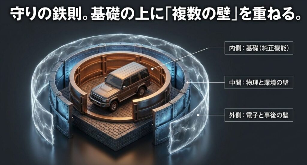 純正機能を内側の基礎とし、物理対策・駐車環境・電子対策・事後対策を重ねる防犯設計図