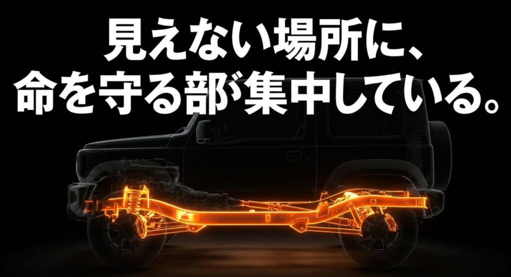 4WDのフレームや足回りを強調し、見えない下回りに安全を支える重要部品が集まっていることを示す画像