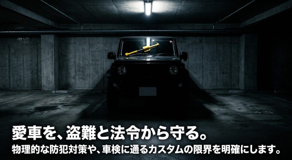 暗い駐車場の4WD車を背景に、盗難対策と車検に通るカスタムの限界を示したスライド