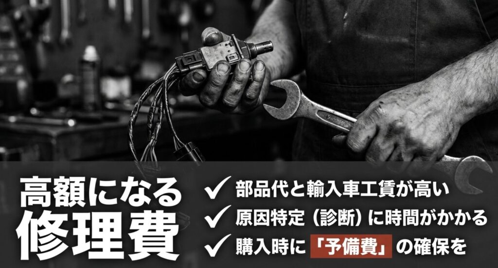 ジープチェロキーの修理費が部品代、輸入車工賃、診断時間、予備費の確保で高くなりやすいことを示すスライド