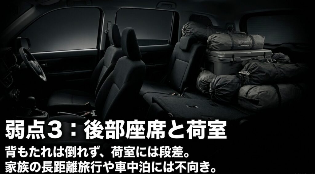 ジープコンパスの後部座席や荷室の使い勝手に関する注意点を示すスライド