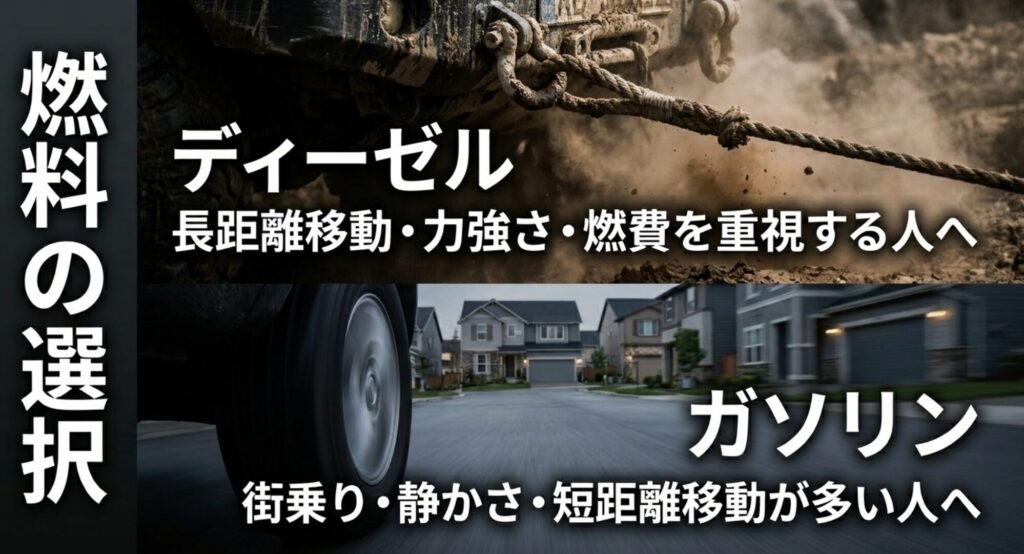 ディーゼルは長距離や力強さ、ガソリンは街乗りや静かさを重視する人に向くことを比較したスライド