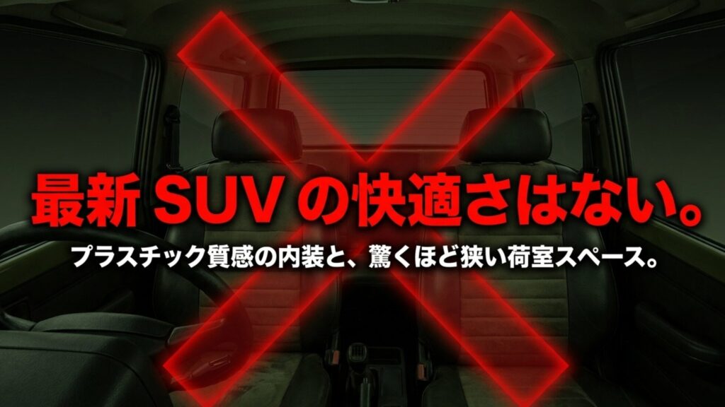 ジープパトリオットは最新SUVほど快適ではない点を説明するスライド